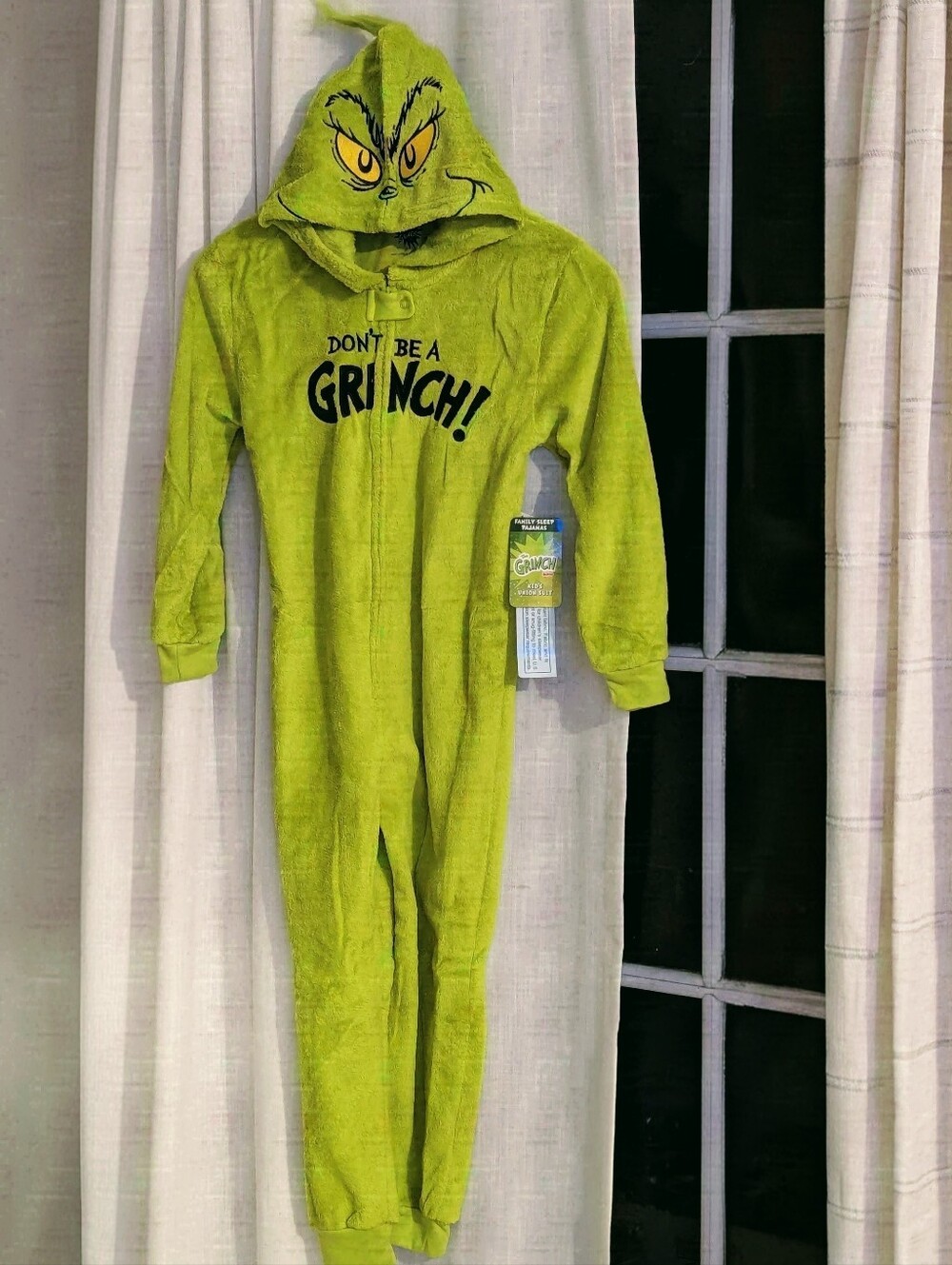 Kids' Green 'Don't Be A Grinch' One-Piece Footie with Hood Size M (7/8)